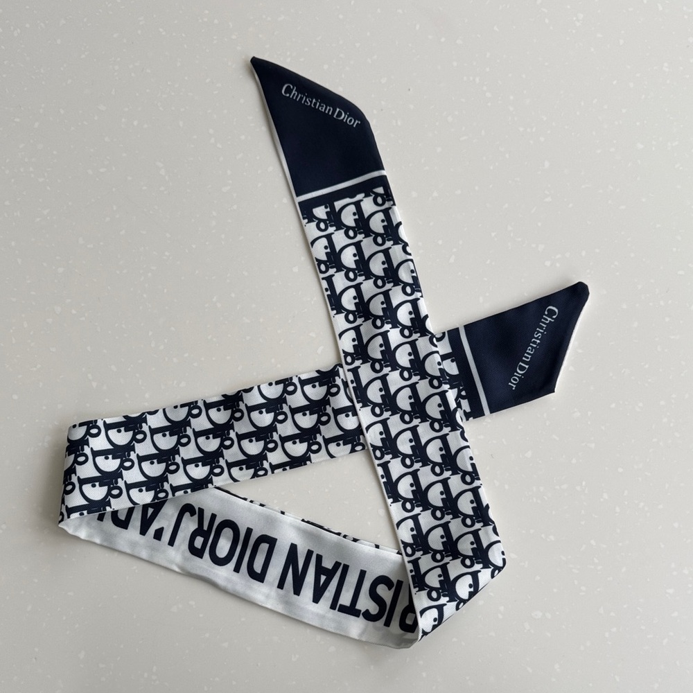 Christian Dior Navy & White Logo Twilly Scarf